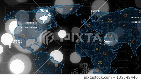 Displaying stylized world map outline on digital interface, with layered circles and data markers 135349446