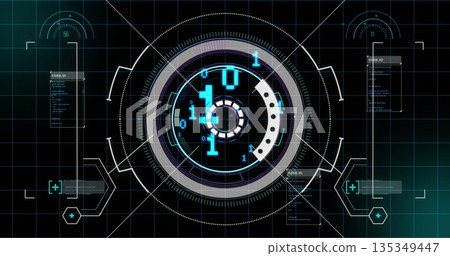Displaying central holographic interface rotating on grid with binary overlays and code panels Displaying central holographic interface rotating on grid with binary overlays and code panels 135349447