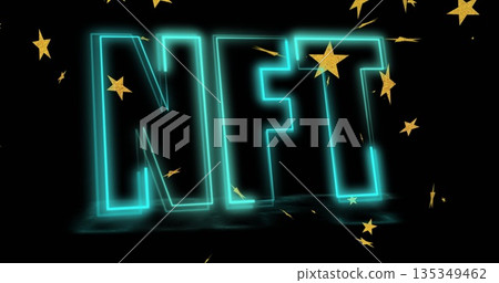 Hovering neon letters NFT glowing above reflective platform in digital void, featuring gold stars Hovering neon letters NFT glowing above reflective platform in digital void, featuring gold stars 135349462