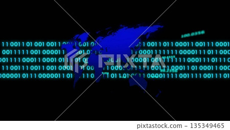 Displaying glowing blue world map silhouette on digital interface, with green binary code streams Displaying glowing blue world map silhouette on digital interface, with green binary code streams 135349465