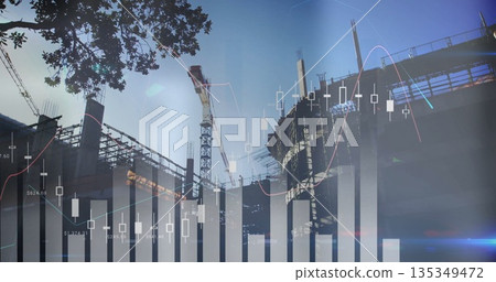 Showing candlestick, bar and line chart overlays on scaffolding, tower cranes at construction site 135349472
