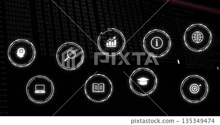 Icons glowing over code, with gear, magnifier, chart, info, globe, laptop, education and target Icons glowing over code, with gear, magnifier, chart, info, globe, laptop, education and target 135349474