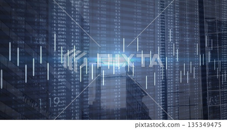 Overlaying financial data on downtown skyline, with stock symbols, percentages and candlestick bars 135349475