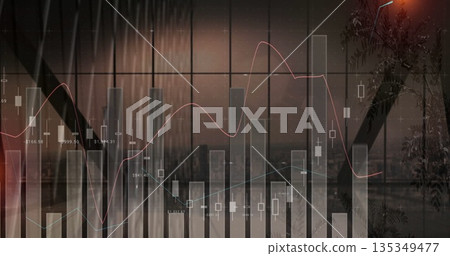 Displaying translucent financial chart overlay in city skyline at dusk with candlestick bars Displaying translucent financial chart overlay in city skyline at dusk with candlestick bars 135349477