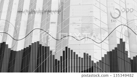 Displaying data dashboard showing bar chart and oscillating line graph with world map overlay 135349482