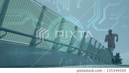Jogging female jogger wearing athletic gear on pedestrian bridge, with HUD overlays, copy space 135349509