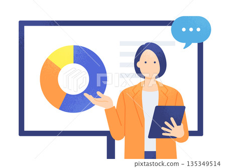 Explaining market share and ratios. Illustration of a female analyst holding a pie chart and a tablet. Explaining market share and ratios. Illustration of a female analyst holding a pie chart and a tablet. 135349514