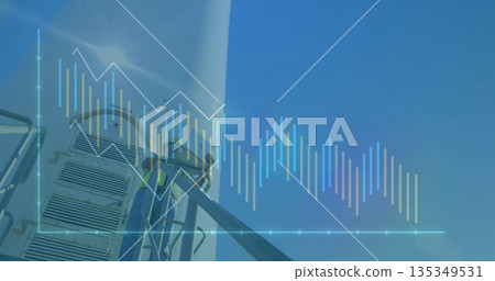 Male technician climbing ladder on turbine with harness and charts overlay, copy space 135349531