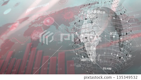 Displaying 3D wireframe globe on screen with red map, virus icons, bar chart, data overlays 135349532