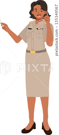 thai civil servant female government officer in official uniform standing and explaining concept thai civil servant female government officer in official uniform standing and explaining concept 135349567