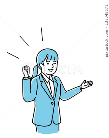 Illustration of a young woman in a suit making a fist pump and holding out her hand, business, goal achievement, vector 135349573