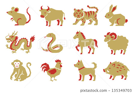 十二生肖動物圖示集(向量圖)。日式印刷設計 十二生肖動物圖示集(向量圖)。日式印刷設計 135349703