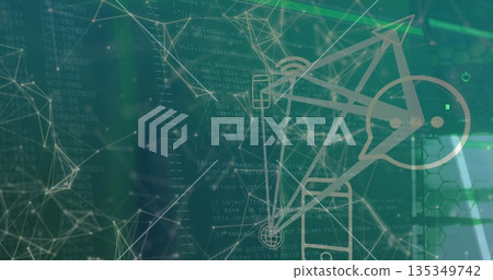 Displaying network connecting smartphone and gauge icon in UI featuring code text and hexagon mesh Displaying network connecting smartphone and gauge icon in UI featuring code text and hexagon mesh 135349742
