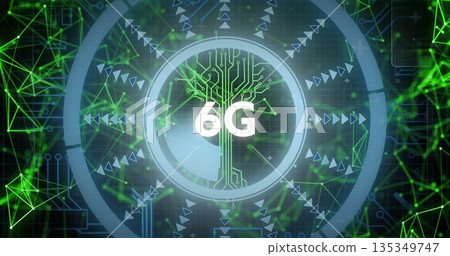 Displaying circular interface showing circuit-tree and glowing 6G text in network, with green mesh 135349747