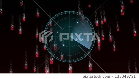 Displaying radar display rotating sweep beam at cybersecurity console, with falling binary streams Displaying radar display rotating sweep beam at cybersecurity console, with falling binary streams 135349751