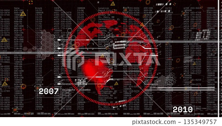Displaying red 3D globe at command center display, with data panels and hexagon grids Displaying red 3D globe at command center display, with data panels and hexagon grids 135349757