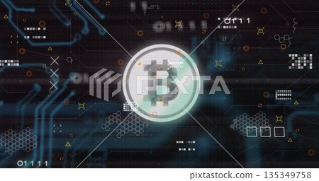 Shining central Bitcoin icon hovering in virtual data network space, with glowing circuit traces Shining central Bitcoin icon hovering in virtual data network space, with glowing circuit traces 135349758