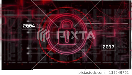 Red padlock icon pulsing on dashboard with progress rings, glitching columns, 2004 or 2017 timestamp 135349761
