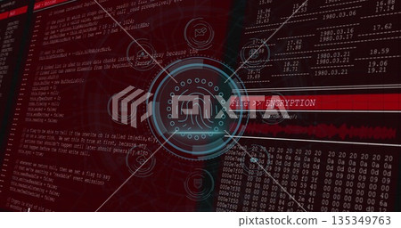Displaying circular fingerprint pulsing on secure interface, with encryption bar, waveform and code Displaying circular fingerprint pulsing on secure interface, with encryption bar, waveform and code 135349763