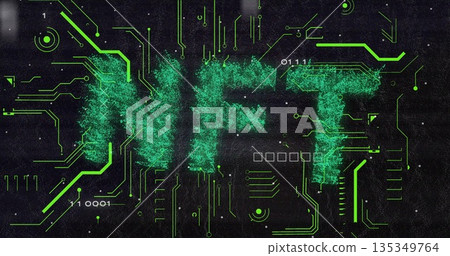 Displaying stylized NFT text forming green pixels on virtual circuit board, with binary code Displaying stylized NFT text forming green pixels on virtual circuit board, with binary code 135349764