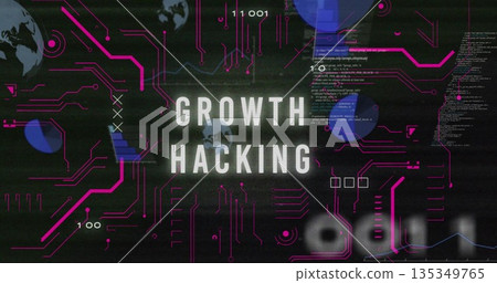 Displaying Growth Hacking text dominating tech dashboard, with magenta circuits and globe icons 135349765