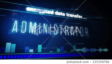 Glitch-styled ADMINISTRATOR flashing in digital interface, with scrolling encrypted data and charts 135349766