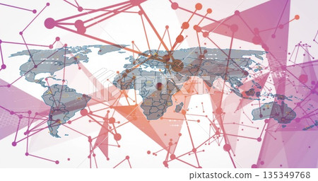 World map displaying network links in digital scene, with network nodes and geometric overlays World map displaying network links in digital scene, with network nodes and geometric overlays 135349768