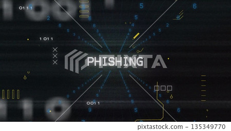 Displaying pixelated PHISHING text on dark grid, with blue numeric streams and yellow circuit lines Displaying pixelated PHISHING text on dark grid, with blue numeric streams and yellow circuit lines 135349770