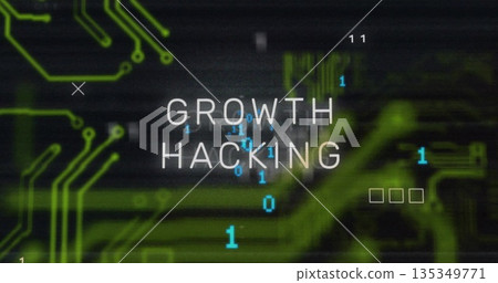 Displaying text GROWTH HACKING in digital interface, with green circuits and floating binary digits 135349771