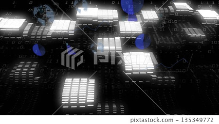 Showing illuminated data blocks floating in virtual grid with binary bits, line graphs, globe icons 135349772