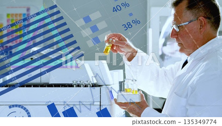 Examining scientist in lab coat holding test tube rack near instrument showing charts, copy space Examining scientist in lab coat holding test tube rack near instrument showing charts, copy space 135349774