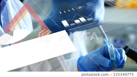 Technician wearing gloves pipetting blue liquid into test tube in lab, digital overlays, copy space Technician wearing gloves pipetting blue liquid into test tube in lab, digital overlays, copy space 135349775