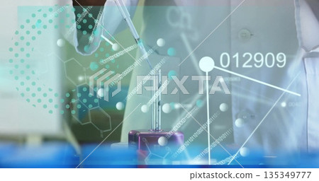 Lab tech wearing lab coat using micropipette dispensing liquid into vial at lab bench, with overlay Lab tech wearing lab coat using micropipette dispensing liquid into vial at lab bench, with overlay 135349777