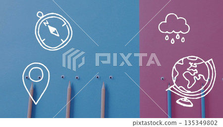 Showcasing wood-tone and teal pencils on two-tone flat background with googly eyes and doodles 135349802