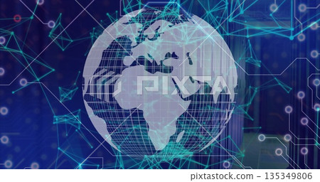 Spinning wireframe globe displaying glowing network lines, hexagonal outlines in virtual interface Spinning wireframe globe displaying glowing network lines, hexagonal outlines in virtual interface 135349806