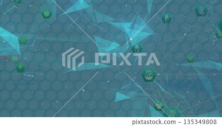 Displaying digital network on blue-green hex grid, with polygon triangles and medical icon nodes Displaying digital network on blue-green hex grid, with polygon triangles and medical icon nodes 135349808