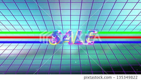 Glowing 3D SALE text sparkling and shining in retro-futuristic digital space, with neon stripes Glowing 3D SALE text sparkling and shining in retro-futuristic digital space, with neon stripes 135349822