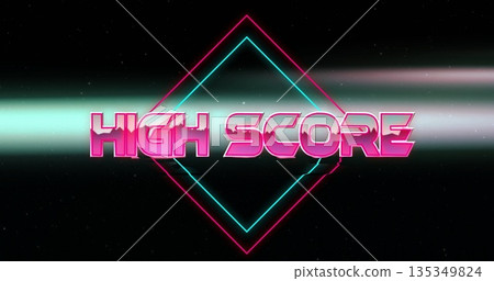 Neon HIGH SCORE text floating in digital starfield, with beam, diamond outline and particles 135349824