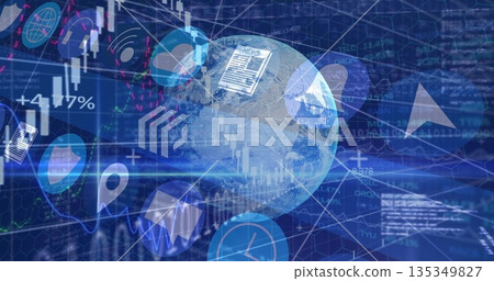 Floating translucent Earth globe on data dashboard, showing candlestick chart and cloud icons Floating translucent Earth globe on data dashboard, showing candlestick chart and cloud icons 135349827