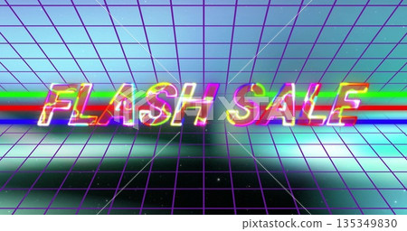 Floating neon glowing FLASH SALE sign illuminating retro futuristic grid floor and wall RGB stripes 135349830