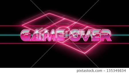 Displaying neon GAME OVER text glowing on black digital screen, with wireframe shape and neon lines Displaying neon GAME OVER text glowing on black digital screen, with wireframe shape and neon lines 135349834