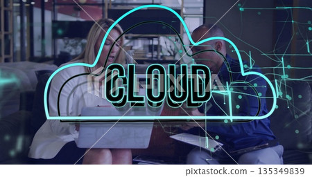 Collaborating colleagues sitting on couch using laptop, tablet in office lounge, with cloud graphic Collaborating colleagues sitting on couch using laptop, tablet in office lounge, with cloud graphic 135349839