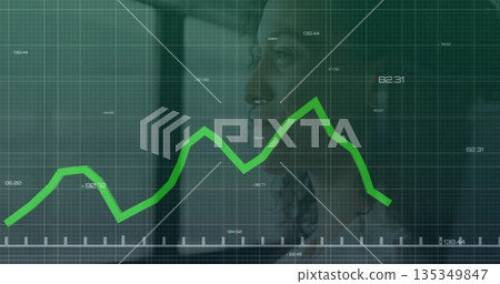 Businesswoman analyzing green line graph on digital screen in modern office, copy space Businesswoman analyzing green line graph on digital screen in modern office, copy space 135349847