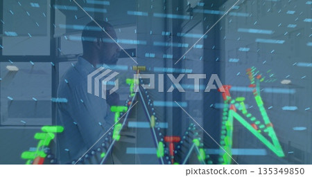 Man in light shirt studying floating data graphs in modern office while holding white coffee mug Man in light shirt studying floating data graphs in modern office while holding white coffee mug 135349850