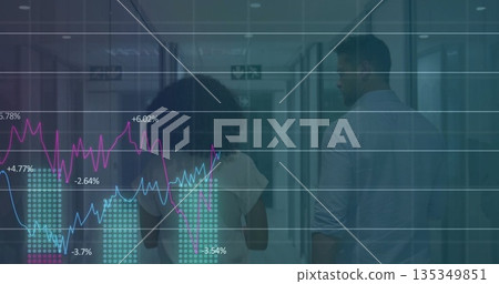 Walking staff in business attire through glass corridor, with line graph bars and percentage labels Walking staff in business attire through glass corridor, with line graph bars and percentage labels 135349851