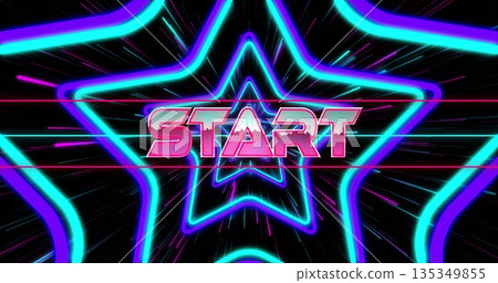 Pulsing neon star shapes radiating outward with neon lines in game screen, with START text glowing Pulsing neon star shapes radiating outward with neon lines in game screen, with START text glowing 135349855