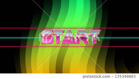 Displaying pink neon START on retro digital interface, with horizontal neon bars and wavy gradient 135349863