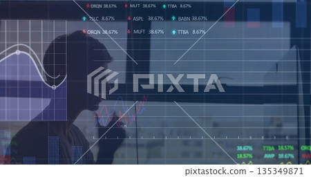 Office worker in blouse holding ceramic cup by window with city skyline, financial data, copy space 135349871