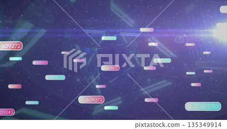 Displaying floating numeric capsule labels linking via lines in digital space, with light beams 135349914