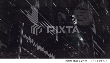 Abstract interface displaying data in tech center, with waveform chart, bar graph and world map Abstract interface displaying data in tech center, with waveform chart, bar graph and world map 135349923